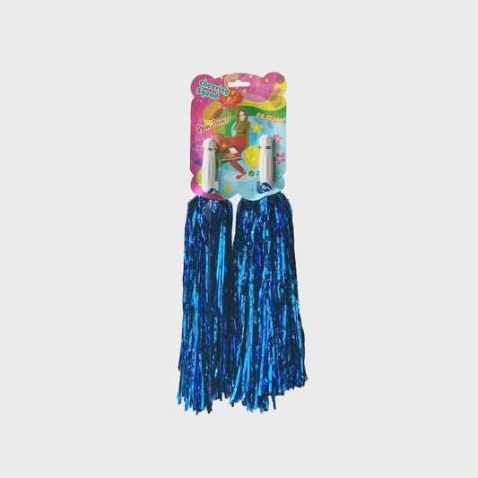 Blue Foil Pom Poms - 25cm Sparkly Party Decor with Handles (Pack of 2) for Cheerleading, Birthdays & Events