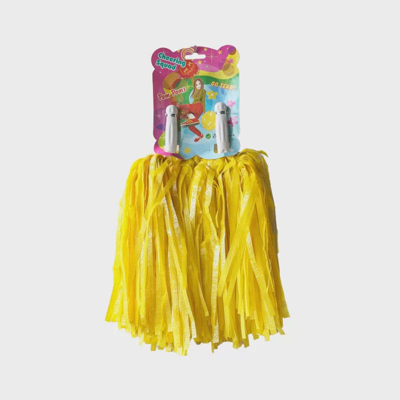 Yellow Foil Pom Poms - 25cm Sparkly Cheerleading Party Decor with Handles (Pack of 2)