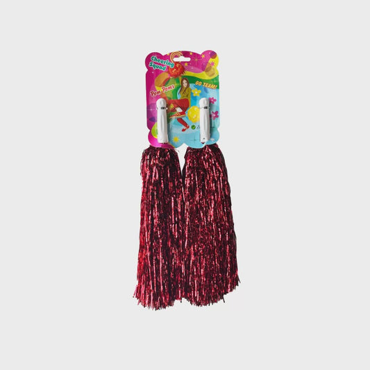 Red Foil Pom Poms - 25cm Sparkly Cheerleading Party Decor with Handles (Pack of 2)