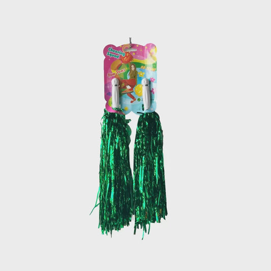 Green Foil Pom Poms - 25cm Sparkly Cheerleading Party Decor with Handles (Pack of 2)