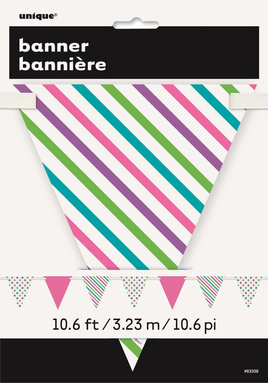 Dots & Stripes Paper Flag Banner 3.65m (12ft) – Bright Multi-Colour Party Garland Decoration