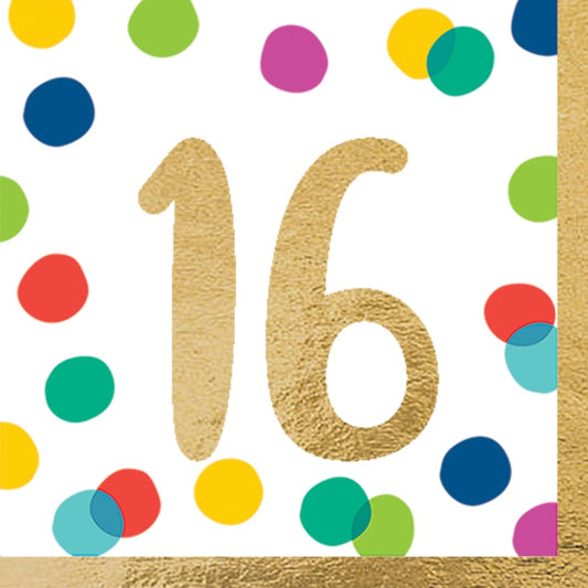 Happy Dots Hot Stamped Lunch Napkin 16th Birthday Pack of 16