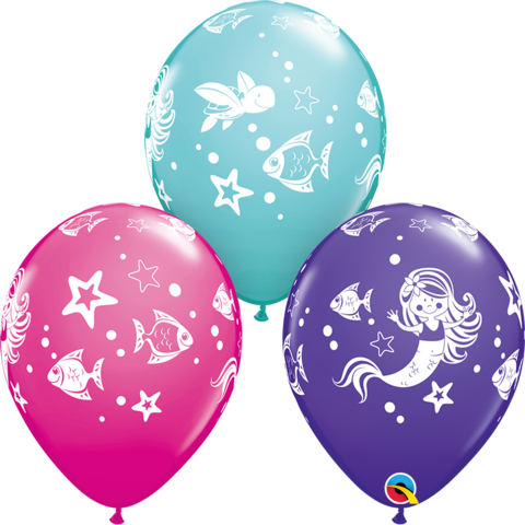 11" PRINT MERRY MERMAID & FRIEND LATEX BALLOONS PACK OF 50