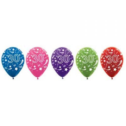 Sempertex Print Latex Balloon 30cm(12") Age 30 Metallic Assorted Pack Of 50