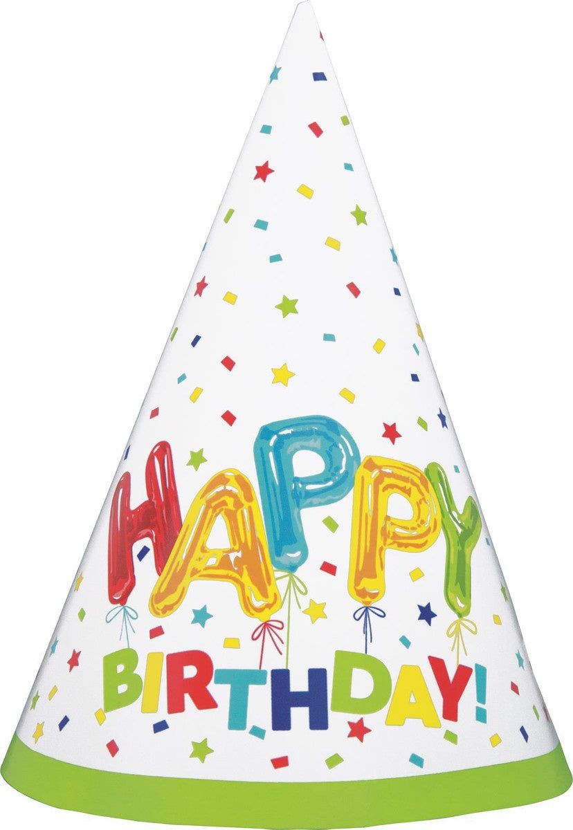 HAPPY BALLOON PARTY HATS PACK OF 8
