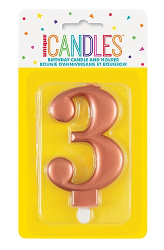 METALLIC ROSE GOLD BIRTHDAY CANDLE - NUMBER 3