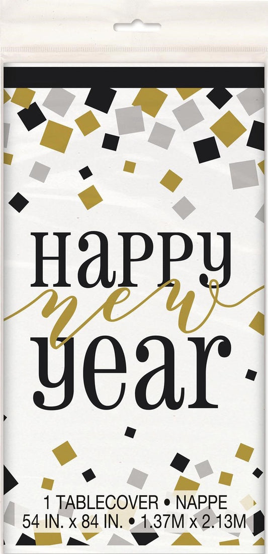 BLACK GOLD SILVER HAPPY NEW YEAR TABLECOVER