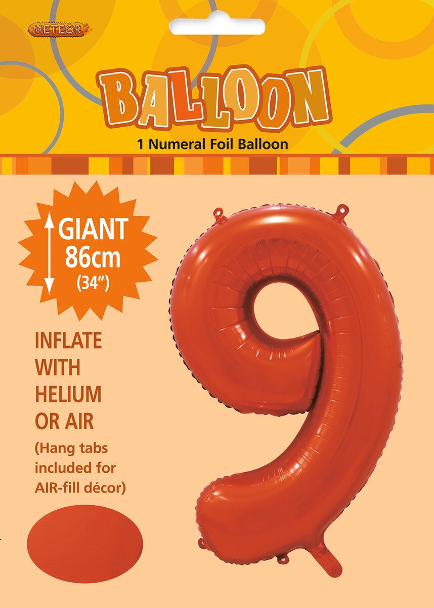 Orange "9" Numeral Foil Balloon 86cm (34")