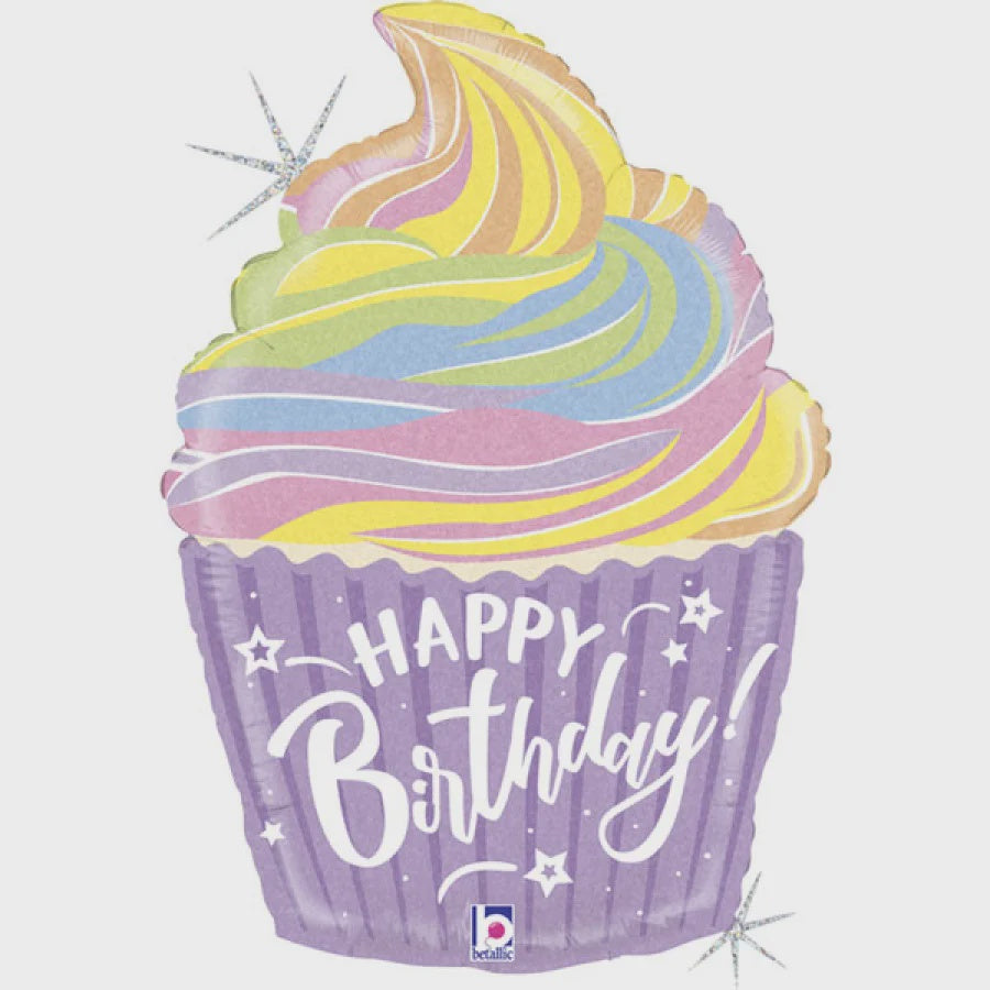 27 Inch Pastel Birthday Cupcake Foil Balloon - Large Party Decor for Kids Birthday Party Supplies