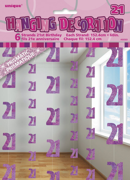 Glitz Pink 6 Hanging Decorations 21st Birthday 1.5m