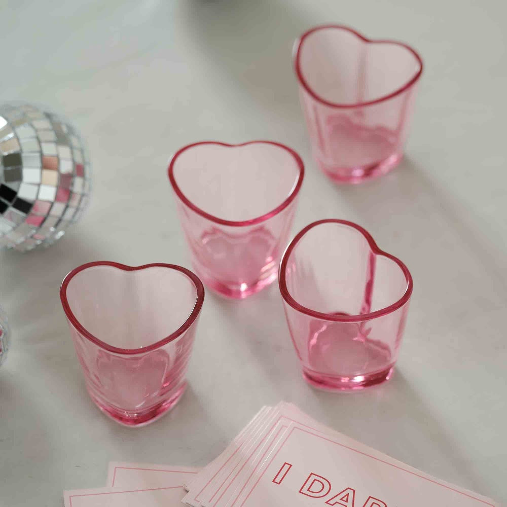 Drunk in Love Shot Glasses – 4 Pack Heart Shaped Pink Tinted – 5cm x 5cm