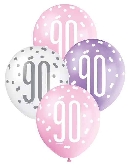 Pack of 6 Latex Balloons 30cm (12") – Age 90 Birthday Balloons Pink, Purple & White Assorted