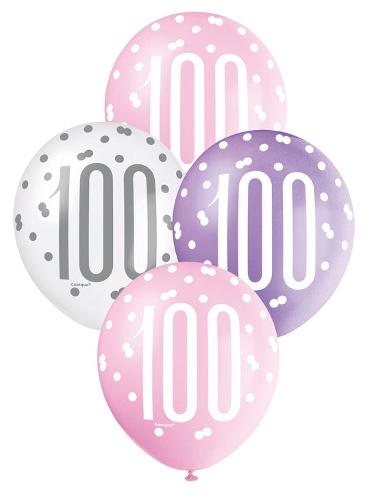 Pack of 6 Latex Balloons 30cm (12") – Age 100 Birthday Balloons Pink, Purple & White Assorted