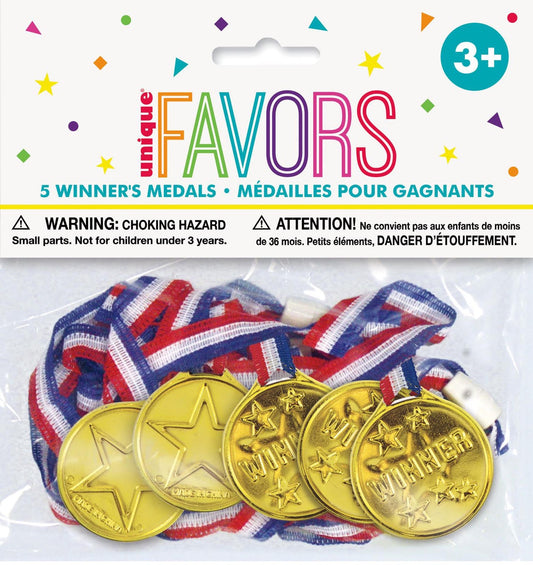Party Favors – 5 Gold Winner Medals for Kids Games, Sports Day & Party Prizes