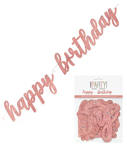 HAPPY BIRTHDAY PRISMATIC FOIL ROSE GOLD SCRIPT JOINT BANNER 2.75FT