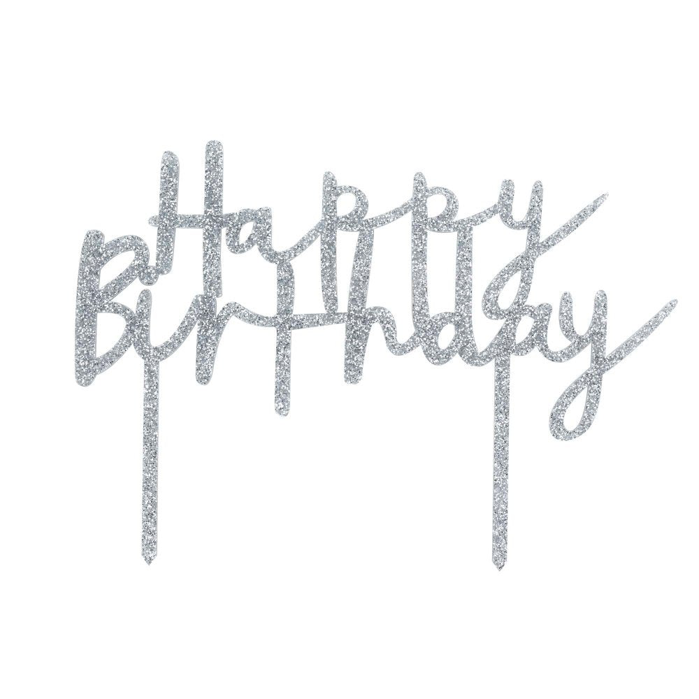 Metallic Mix Up Silver 'Happy Birthday' Glitter Acrylic Cake Topper – 13.5cm x 20cm