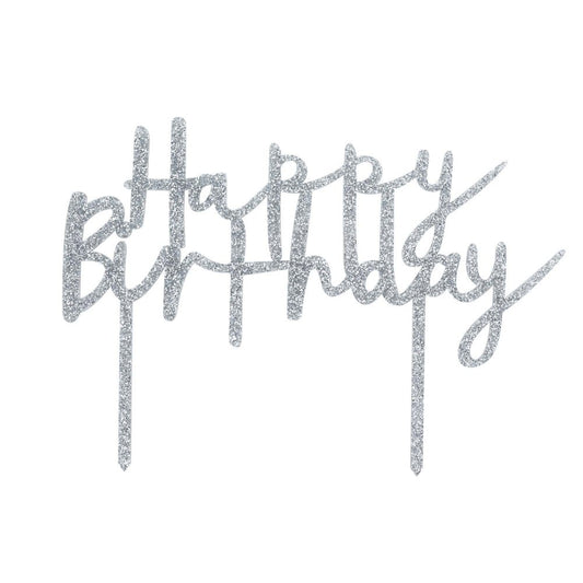 Metallic Mix Up Silver 'Happy Birthday' Glitter Acrylic Cake Topper – 13.5cm x 20cm