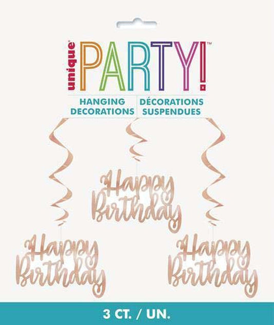 3 Hanging Swirls Happy Birthday Rose Gold