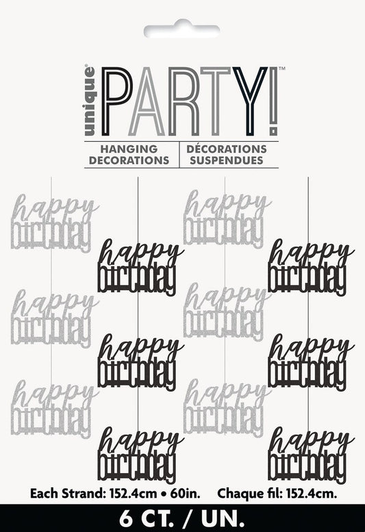 Glitz Black & Silver Hanging Decorations – Happy Birthday (6 Pack, 1.5m)