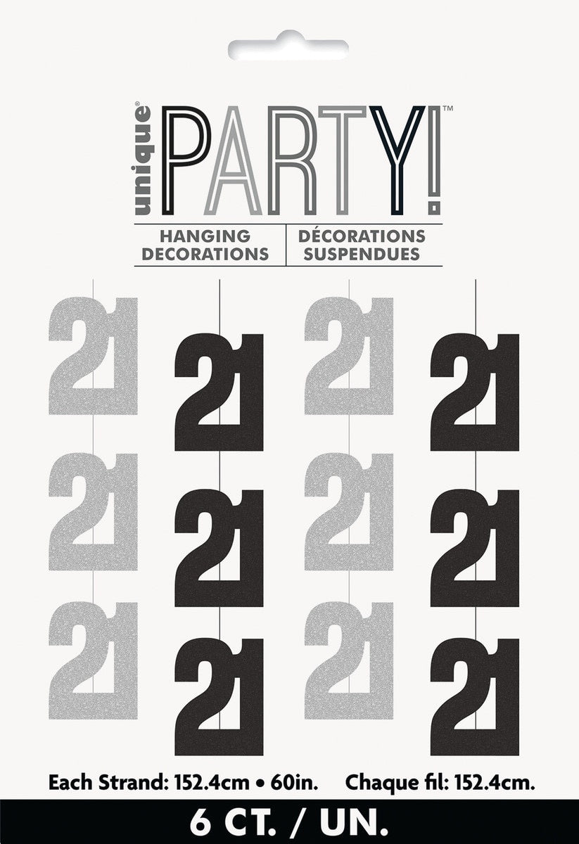 Glitz Black and Silver 21st Hanging Decorations 1.5m Pack of 6