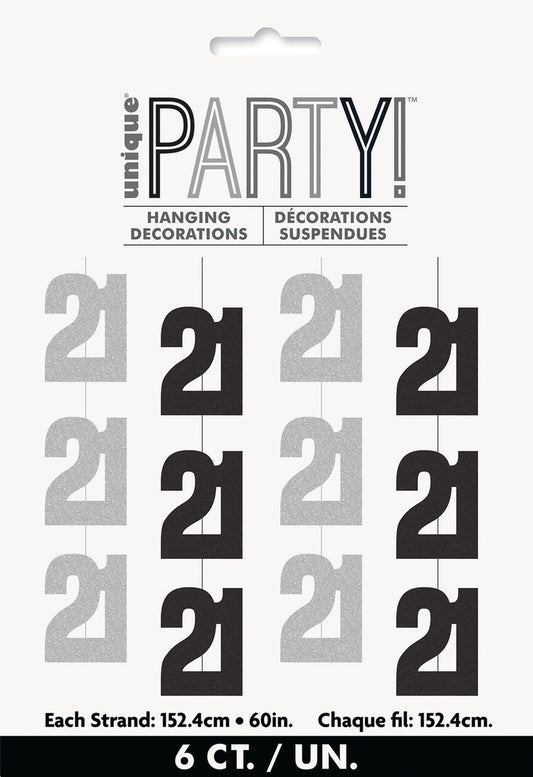 Glitz Black and Silver 21st Hanging Decorations 1.5m Pack of 6