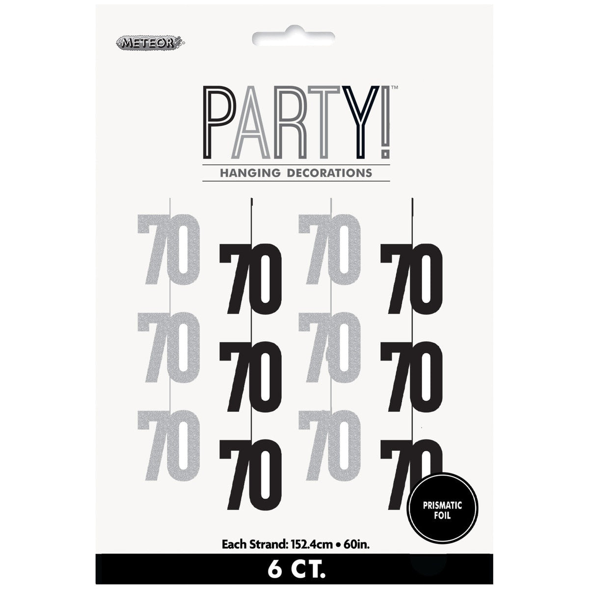 Glitz Black 70th Birthday Hanging Swirl Decorations 1.5m 6 Pack