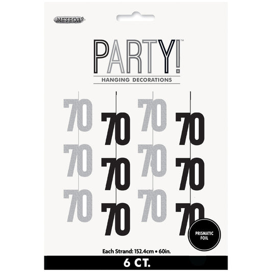 Glitz Black 70th Birthday Hanging Swirl Decorations 1.5m 6 Pack