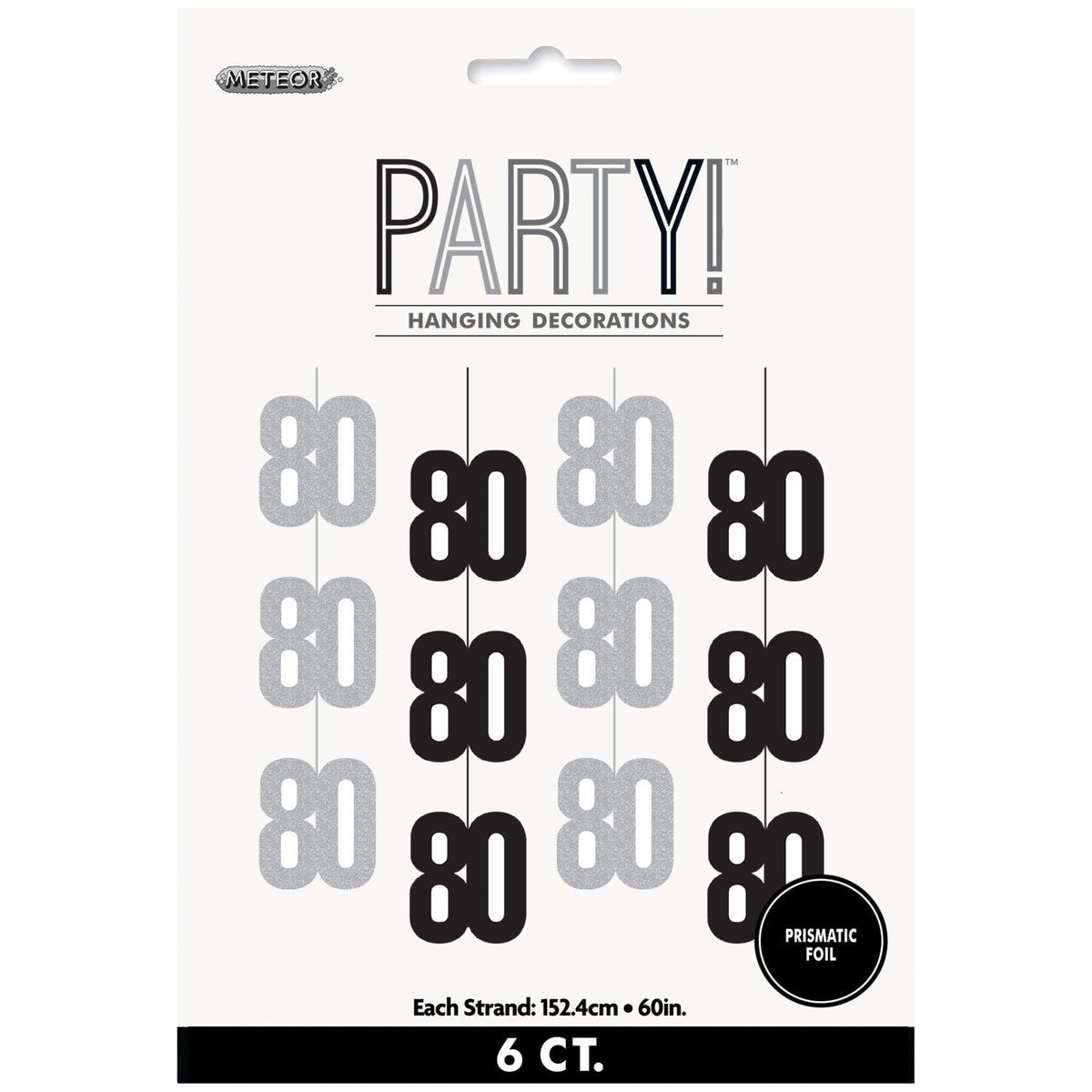 Glitz Black 80th Birthday Hanging Swirl Decorations 1.5m 6 Pack