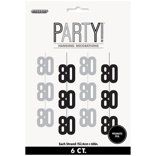 Glitz Black 80th Birthday Hanging Swirl Decorations 1.5m 6 Pack