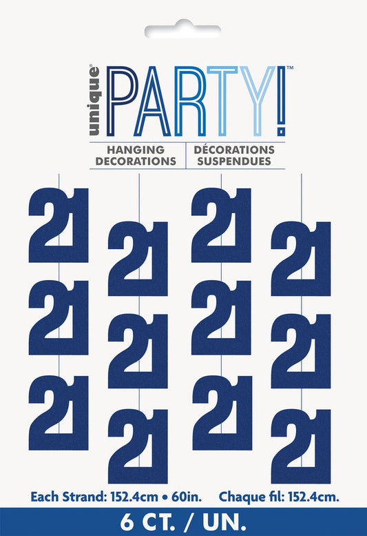 Glitz Blue 21st Hanging Decorations 1.5m Pack of 6