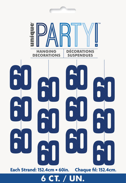 Glitz Blue 60th Hanging Decorations 1.5m Pack of 6