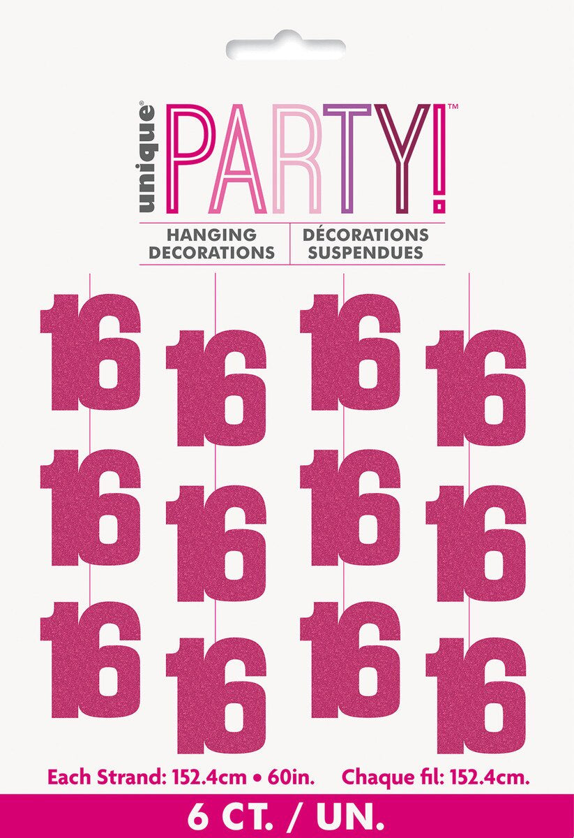 Glitz Pink 16th Birthday Hanging Decorations 1.5m Pack of 6