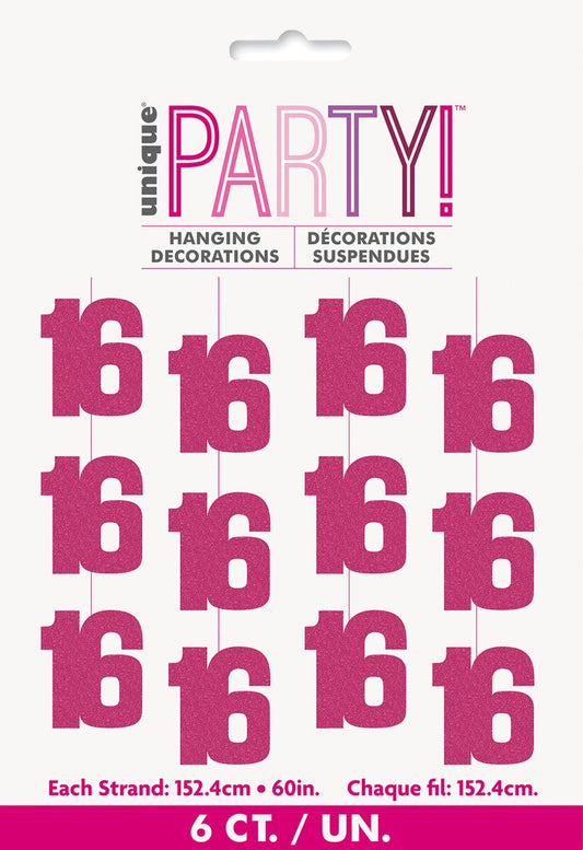 Glitz Pink 16th Birthday Hanging Decorations 1.5m Pack of 6