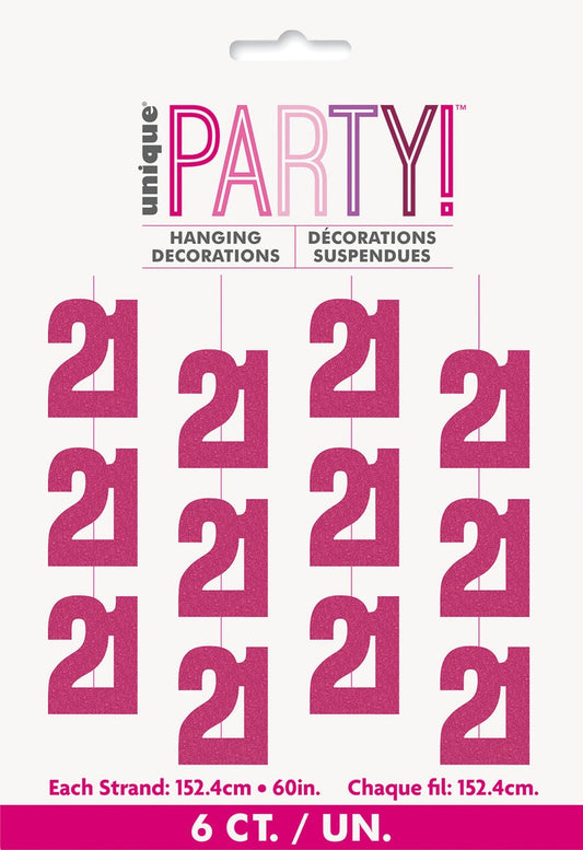 Glitz Pink 21st Hanging Decorations 1.5m Pack of 6