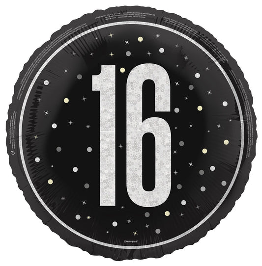 Black "16" 45cm (18") Foil Prismatic Balloon Packaged
