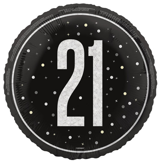 Black "21" 45cm (18") Foil Prismatic Balloon Packaged