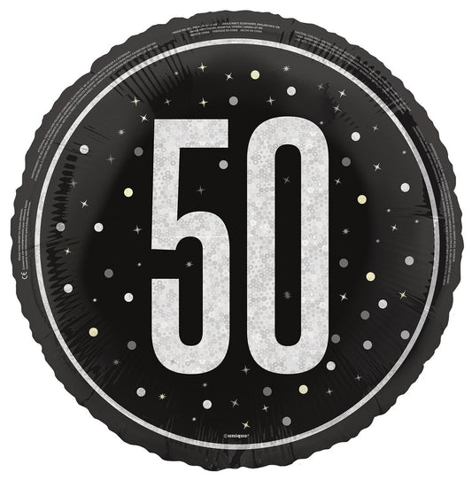 Black "50" 45cm (18") Foil Prismatic Balloon Packaged