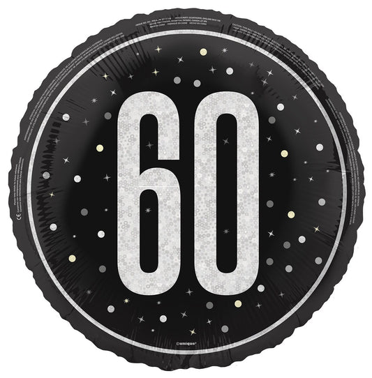 Black "60" 45cm (18") Foil Prismatic Balloon Packaged