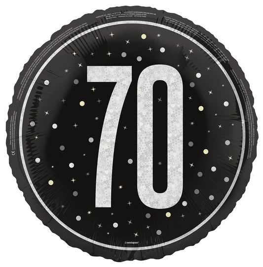 Black "70" 45cm (18") Foil Prismatic Balloon Packaged