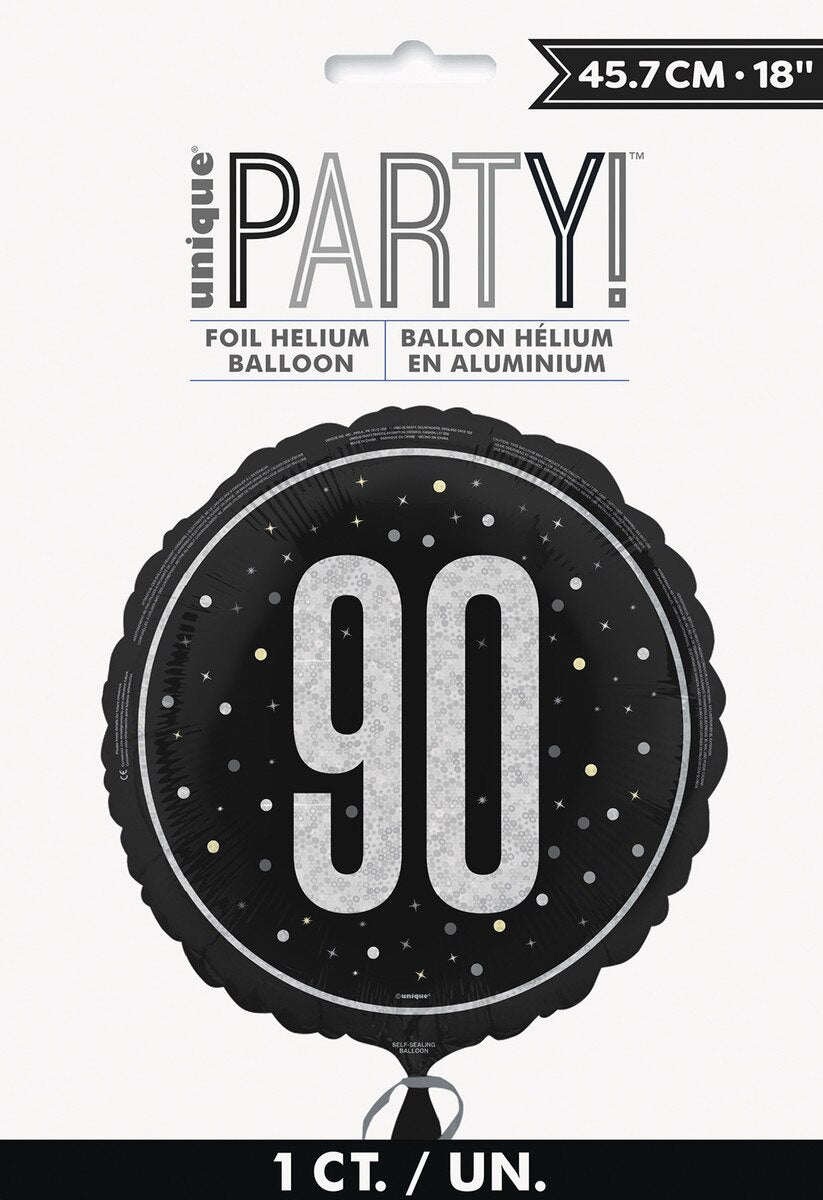 Black "90" 45cm (18") Foil Prismatic Balloon Packaged
