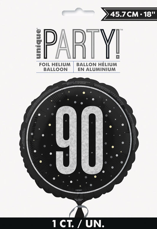 Black "90" 45cm (18") Foil Prismatic Balloon Packaged
