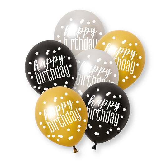 Black Silver Gold Happy Birthday Latex Balloons 30cm Pack of 6