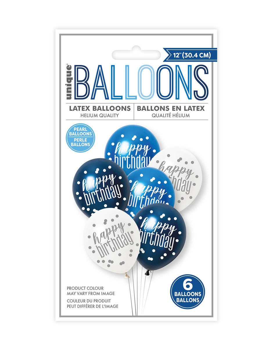 Blue White Happy Birthday Latex Balloons 30cm Pack of 6