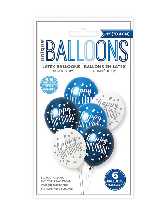 Blue White Happy Birthday Latex Balloons 30cm Pack of 6