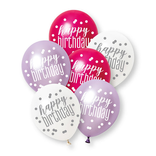 Pink Purple White Happy Birthday Latex Balloons 30cm Pack of 6