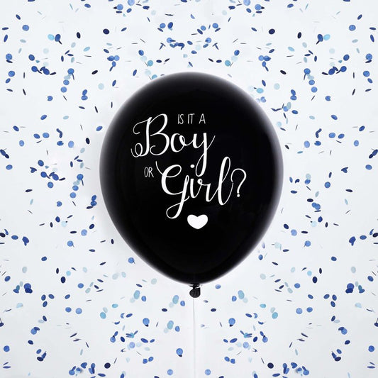 Gender Reveal Black Balloon Is It A Boy Or Girl 45cm Blue Confetti