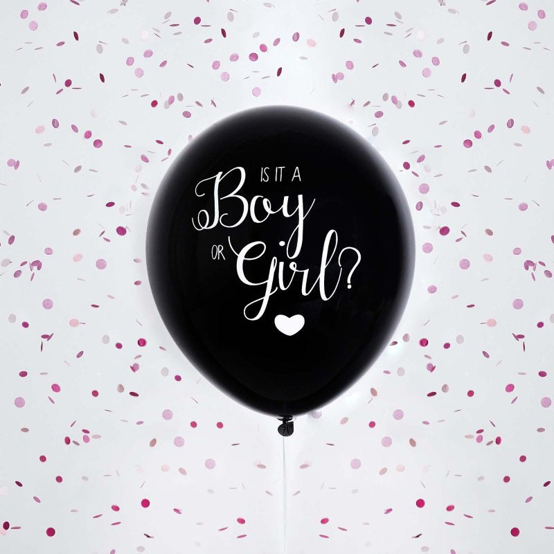Gender Reveal Black Latex Balloon Is It A Boy Or Girl Pink Confetti 45cm