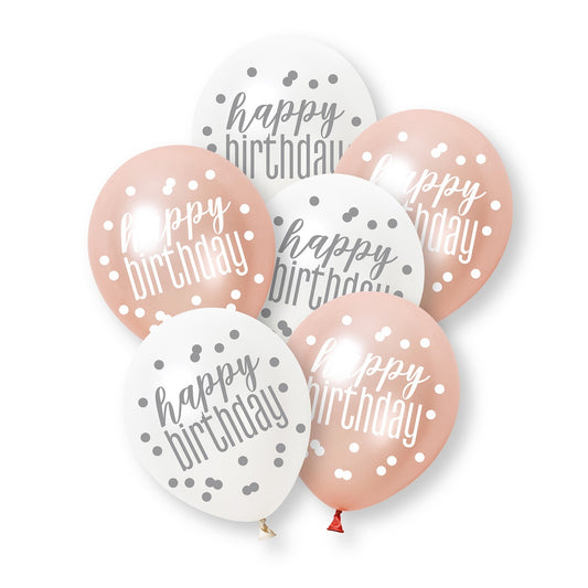 Rose Gold White Happy Birthday Latex Balloons 30cm Pack of 6