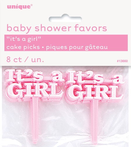 It's A Girl Cake Picks Pink Plastic Pack Of 8