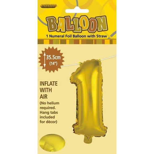 14 Inch Gold Number 1 Foil Balloon - Air Filled Only Party Decor for First Birthday, Anniversary, Milestone